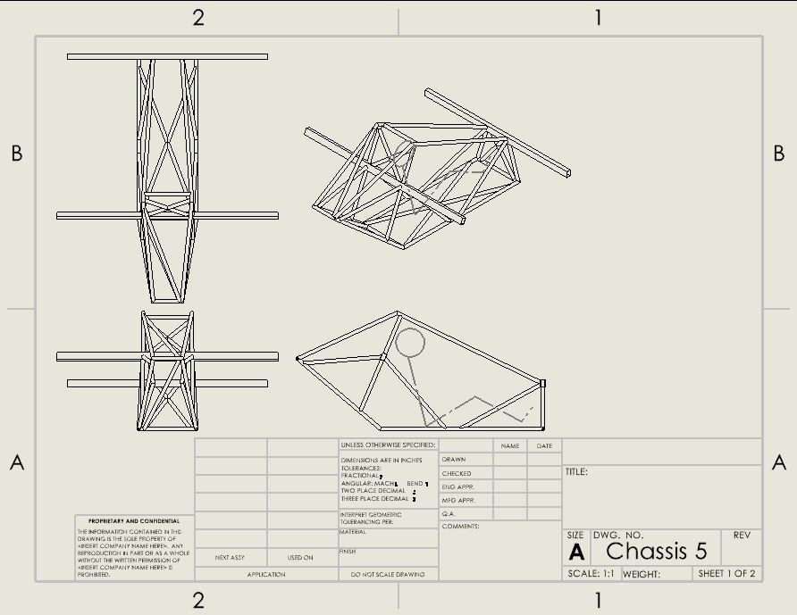Engineering drawing of Chassis 5 with orthographic and isometric views